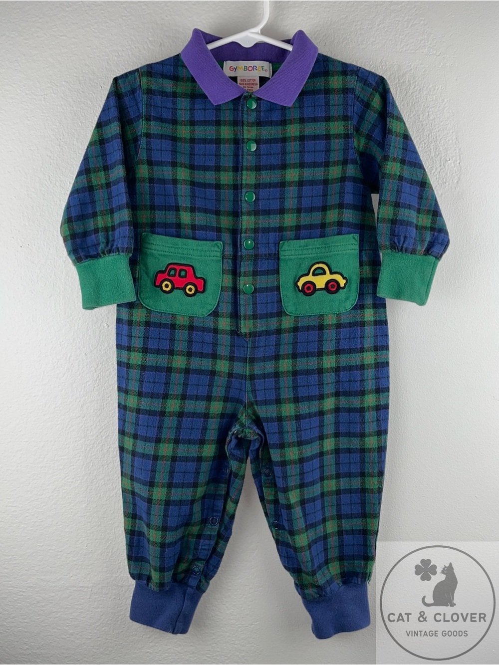 Gymboree 1997 Autobahn Cars Appliqué Plaid Cotton Jumpsuit Romper XS